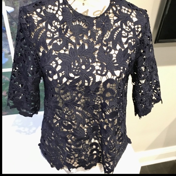 Floral Crochet Zara Blouse Navy Blue Three Quarter Sleeve - Picture 14 of 14